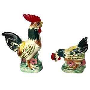 Pair of Vintage Unase Hand Painted Roosters Made in Japan 8" & 5" Tall Retro
